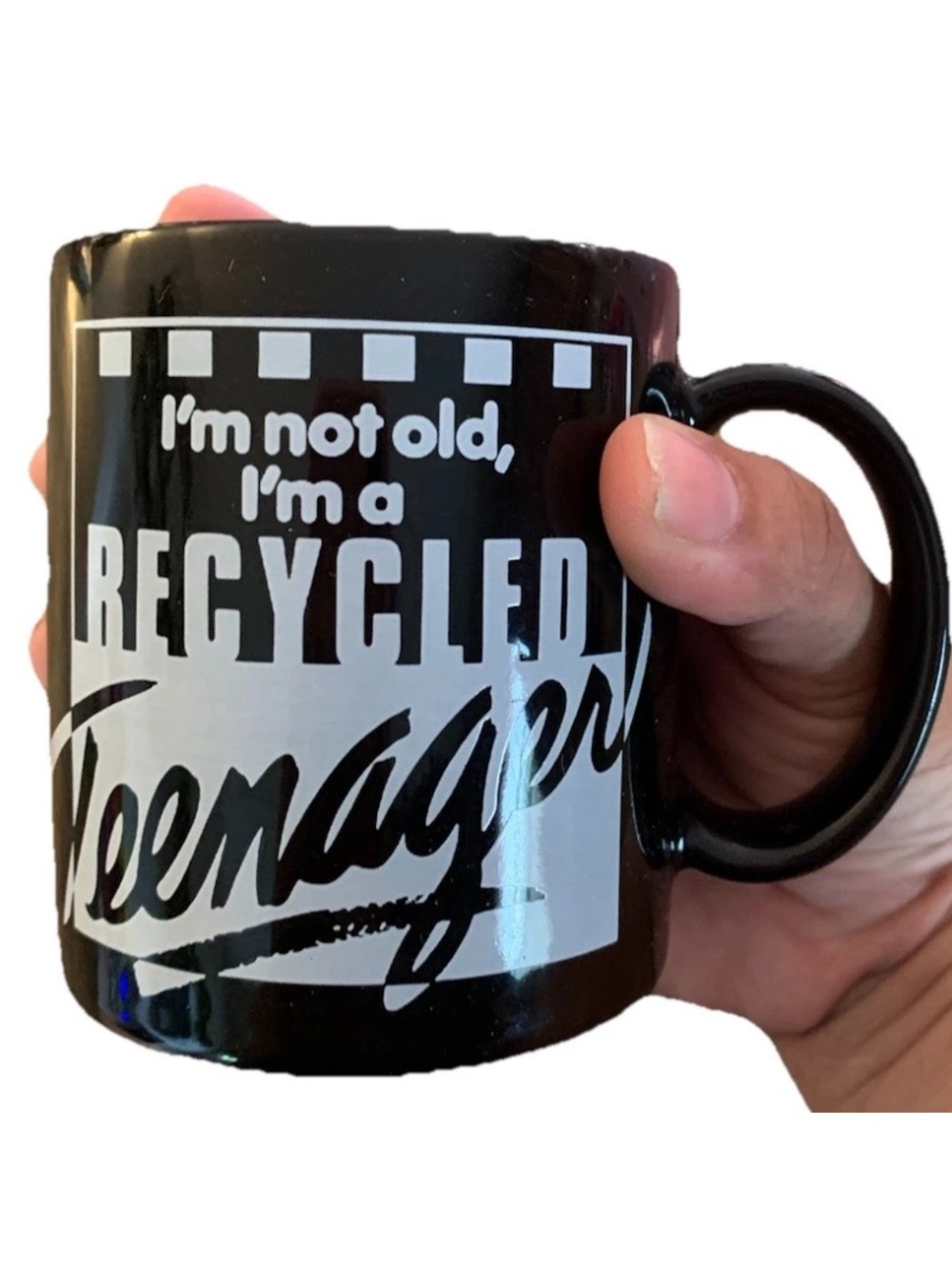 Vintage 1993 Recycled Teenager Coffee Mug Trisar Japan Black Gag Gift 90s Retro